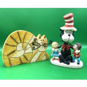 Lot 2 Cat Figurines Tender Heart Treasures 1999 Dr Seuss Cat in Hat Bobblehead